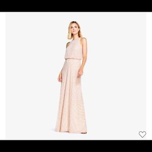 Adrianna Papell ART DECO BEADED BLOUSON DRESS WITH HALTER NECKLINE IN BLUSH